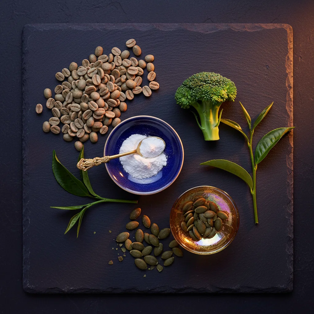 Natural botanical ingredients flatlay - green coffee beans, pumpkin seeds, herbs on dark slate, sachet coffee supplement with zinc and B vitamins