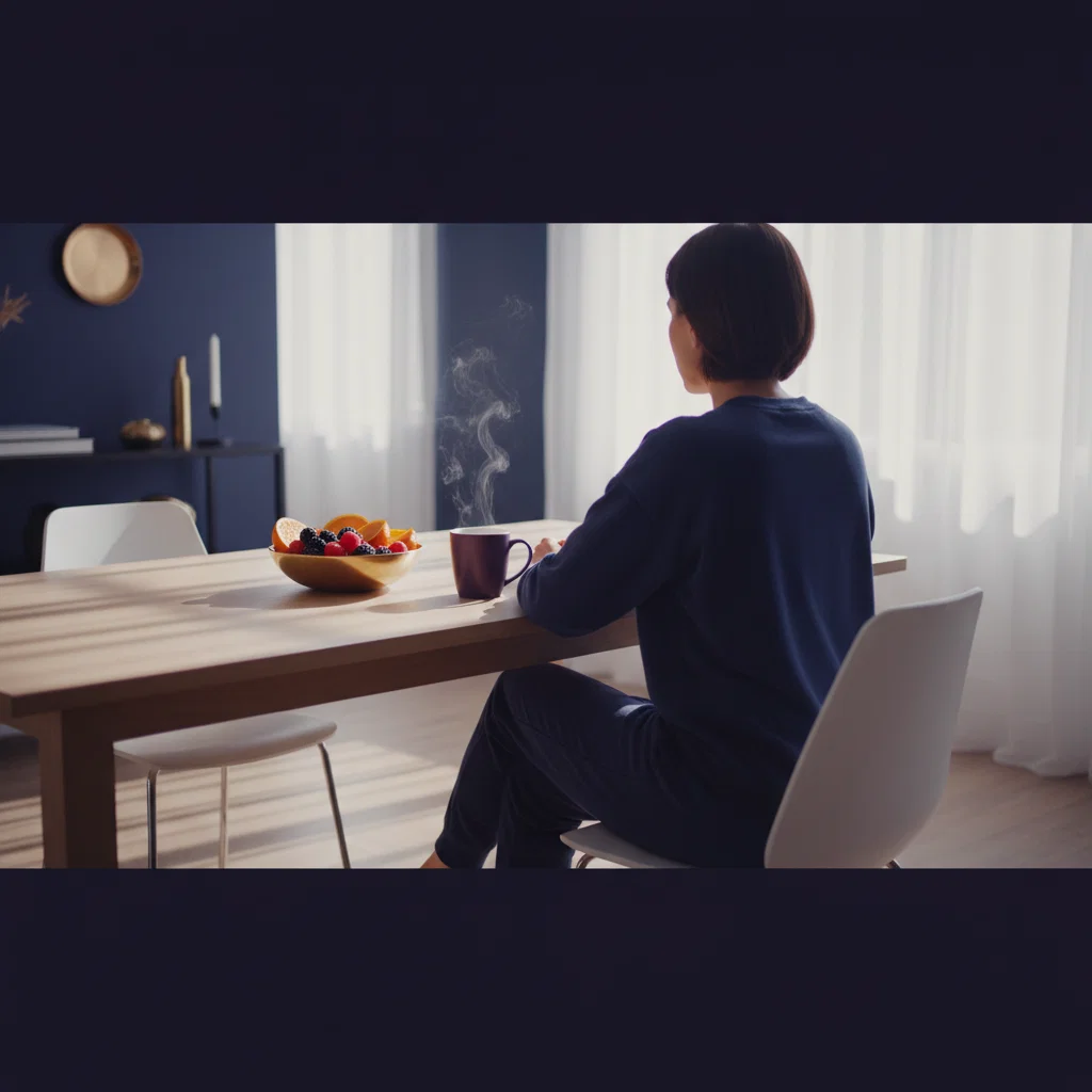 Anonymous person from behind at a Scandinavian-style breakfast table with a steaming mug - daily wellness coffee routine