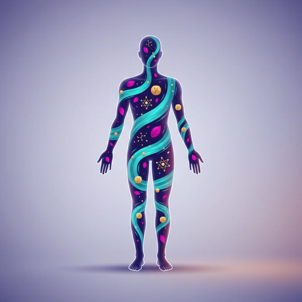 Abstract science illustration - translucent human outline with teal and violet energy flows, leaf and molecule icons